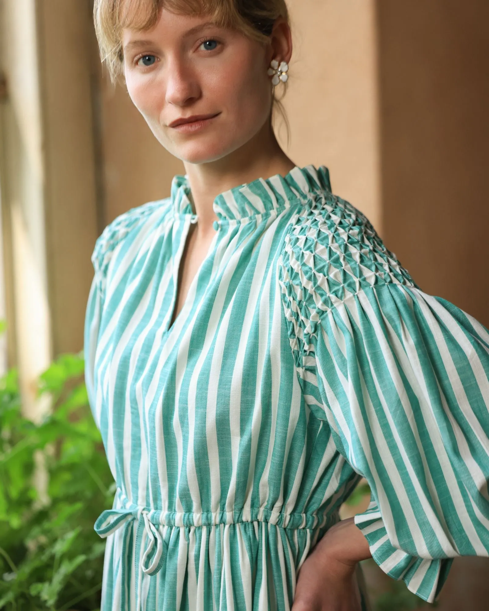 Aloha Wanderwell Dress Wimbledon Stripe with White Honeycomb Hand Smocking sold by Smock London product image thumbnail 2