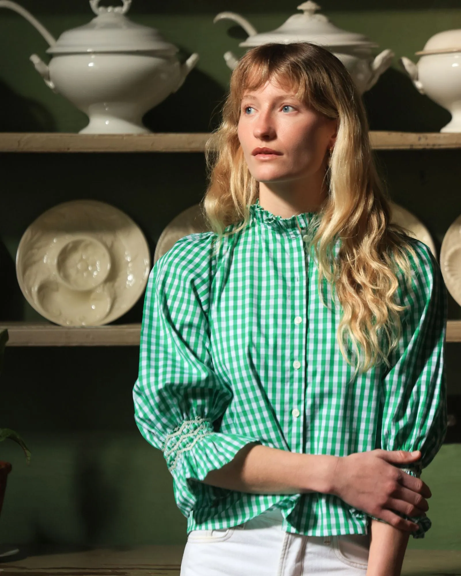 Shelley Blouse Kelly Green Gingham with Chalk Hand Smocking Edition 25 sold by Smock London