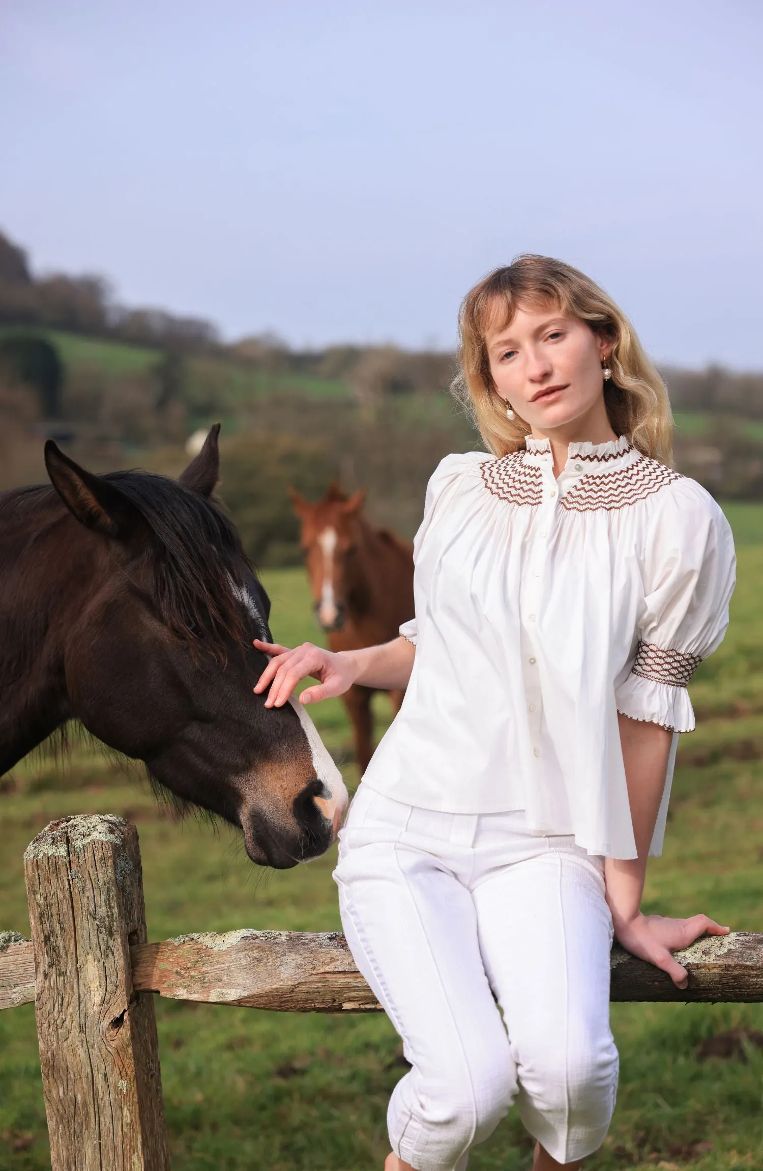 Scholl Women's Summer Blouse White with Chocolate Brown Hand Smocking sold by Smock London product image thumbnail 4