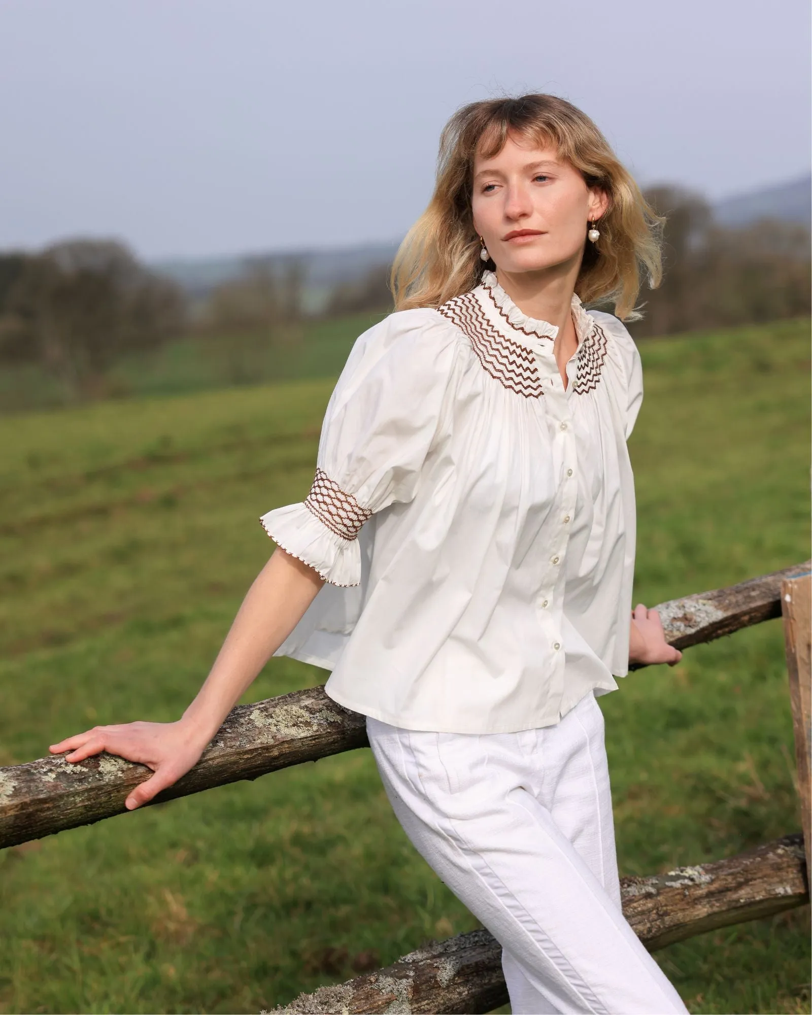 Scholl Women's Summer Blouse White with Chocolate Brown Hand Smocking sold by Smock London product image thumbnail 3