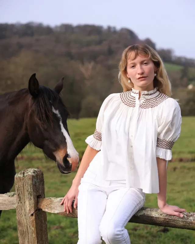 Scholl Women's Summer Blouse White with Chocolate Brown Hand Smocking made by Smock London