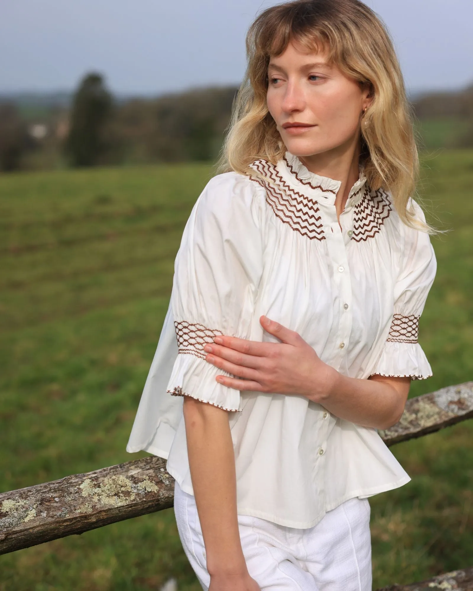 Scholl Women's Summer Blouse White with Chocolate Brown Hand Smocking sold by Smock London product image thumbnail 2