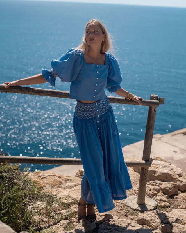 Sullivan Skirt Lapis Lazuli Cotton with Seagull Hand Smocking made by Smock London