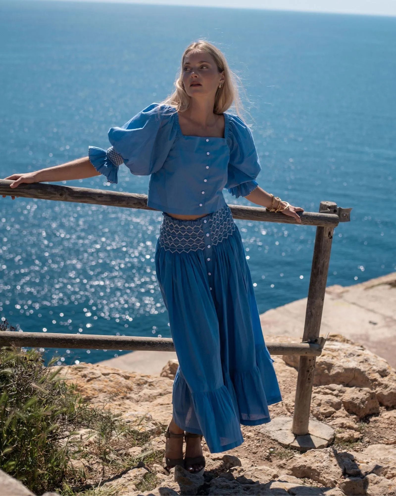 S/M Sullivan Skirt Lapis Lazuli Cotton with Seagull Hand Smocking sold by Smock London
