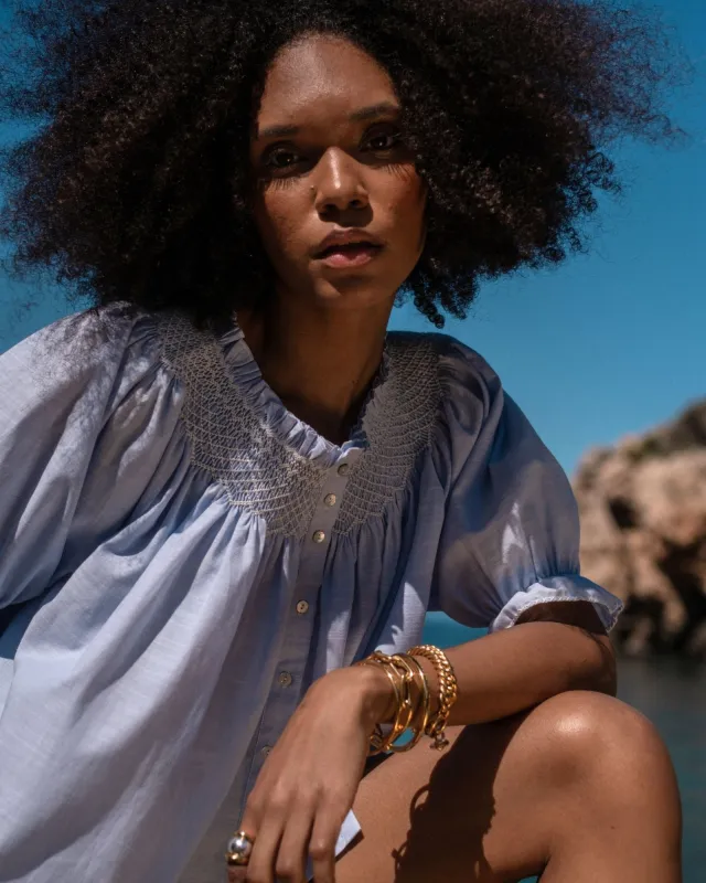Cleopatra Blouse Blue Sky Cotton with Chalk Hand Smocking Edition 51 made by Smock London