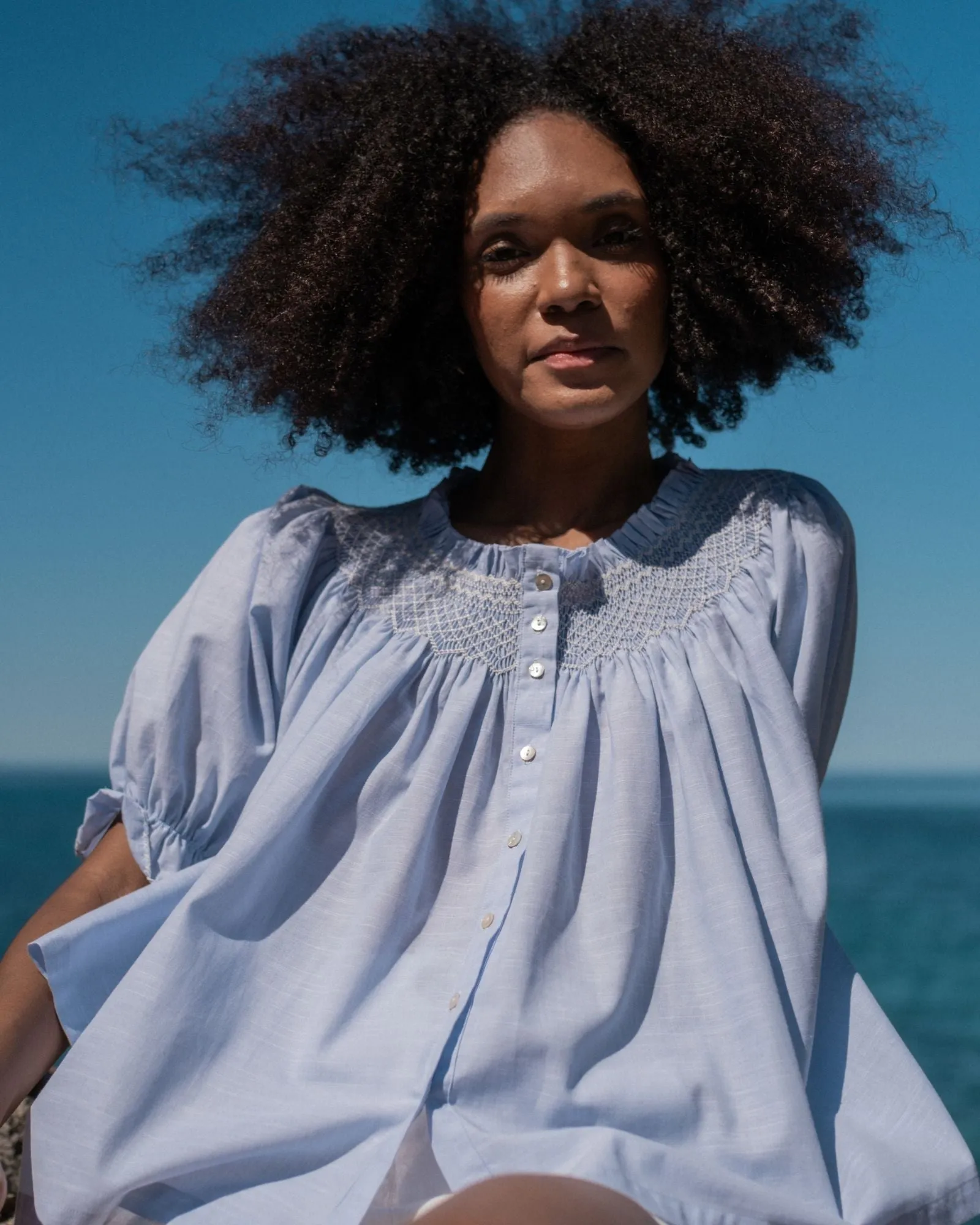 Cleopatra Blouse Blue Sky Cotton with Chalk Hand Smocking Edition 51 sold by Smock London product image thumbnail 5