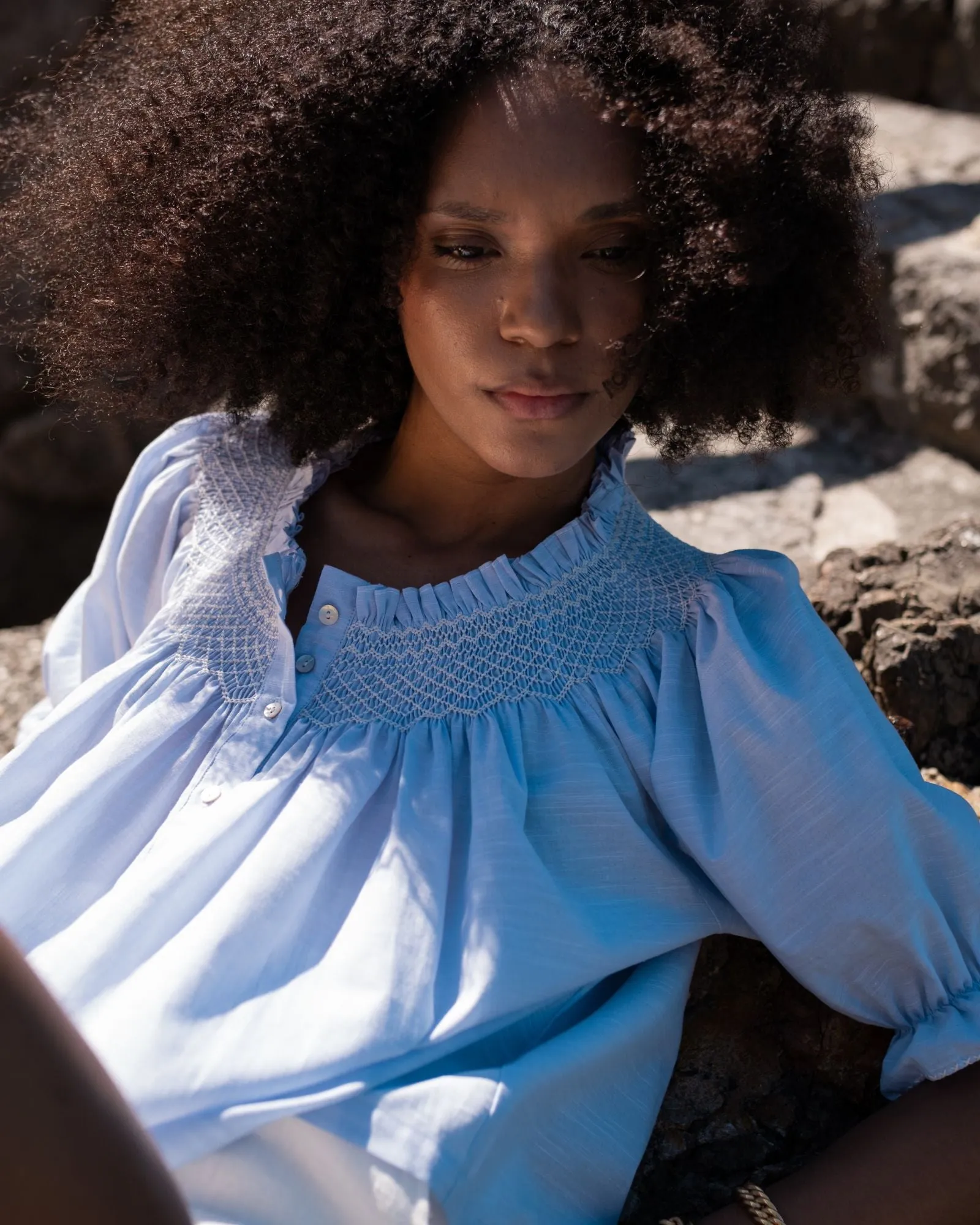 Cleopatra Blouse Blue Sky Cotton with Chalk Hand Smocking Edition 51 sold by Smock London product image thumbnail 3