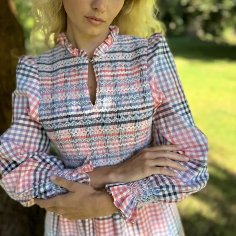 Emmeline Pankhurst Dress Glorious Gingham with Spring Skies Hand Smocking sold by Smock London