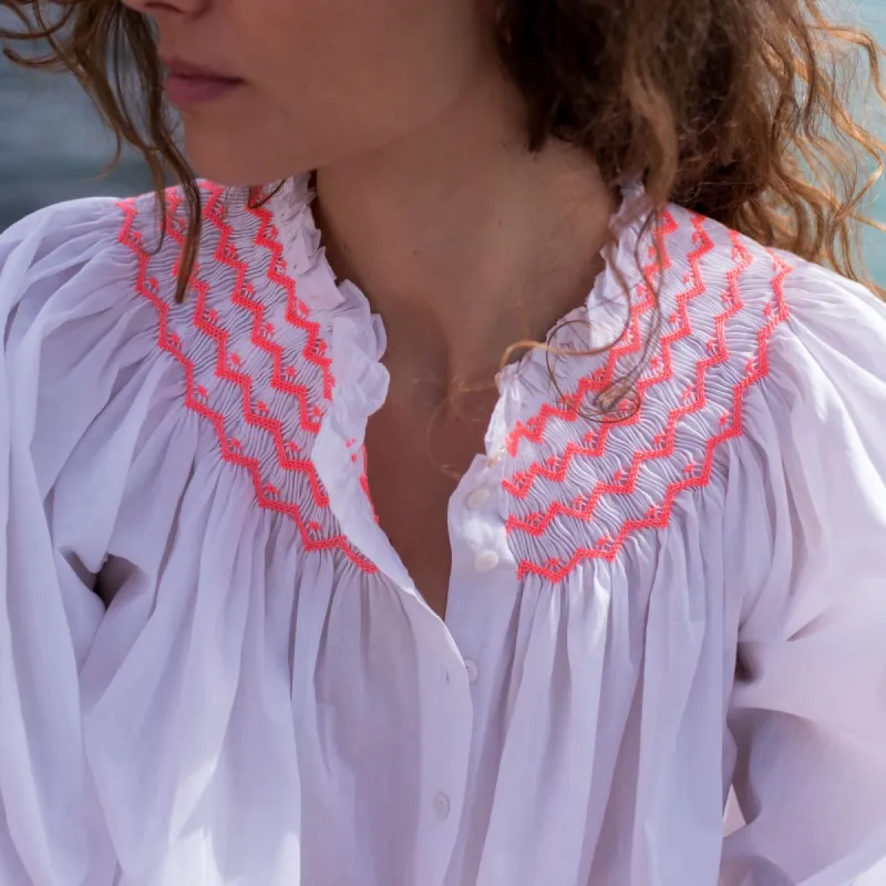 Medium Cleopatra Blouse White with Sour Watermelon Hand Smocking Edition 9 sold by Smock London