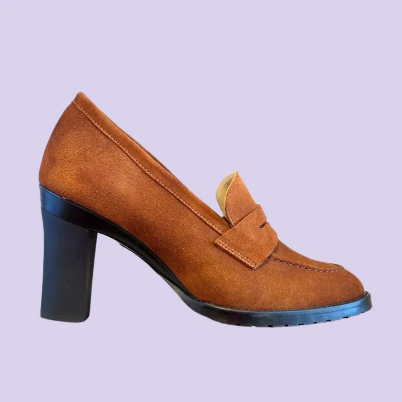Emma Tobacco Loafer in Soft Nubuck for Removeable Heels made by Tanya Heath