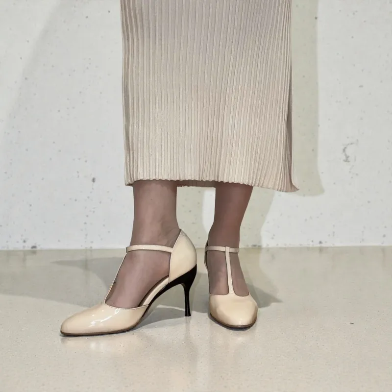 New: Marla Nude Patent T-Strap Pump & Removeable Heels made by Tanya Heath