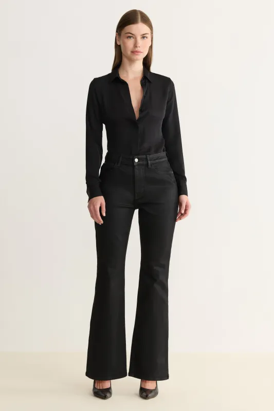 NAO STRETCH - HIGH RISE BOOTCUT JEANS | NOIR WAX COATED sold by Warp + Weft