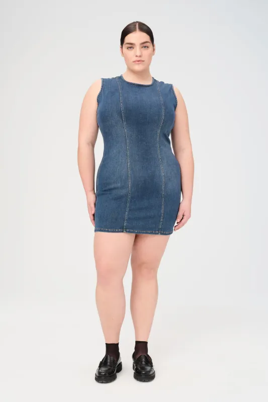 &nbsp;OPO PLUS - DENIM MINI DRESS | TAKE OFF sold by Warp + Weft
