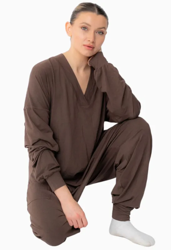 LONG SLEEVE BAMBOO ROMPER - COFFEE sold by FREED