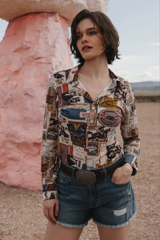 Western Postcard Print Long Sleeve Pullover Stretch Riding Shirt made by Idyllwind