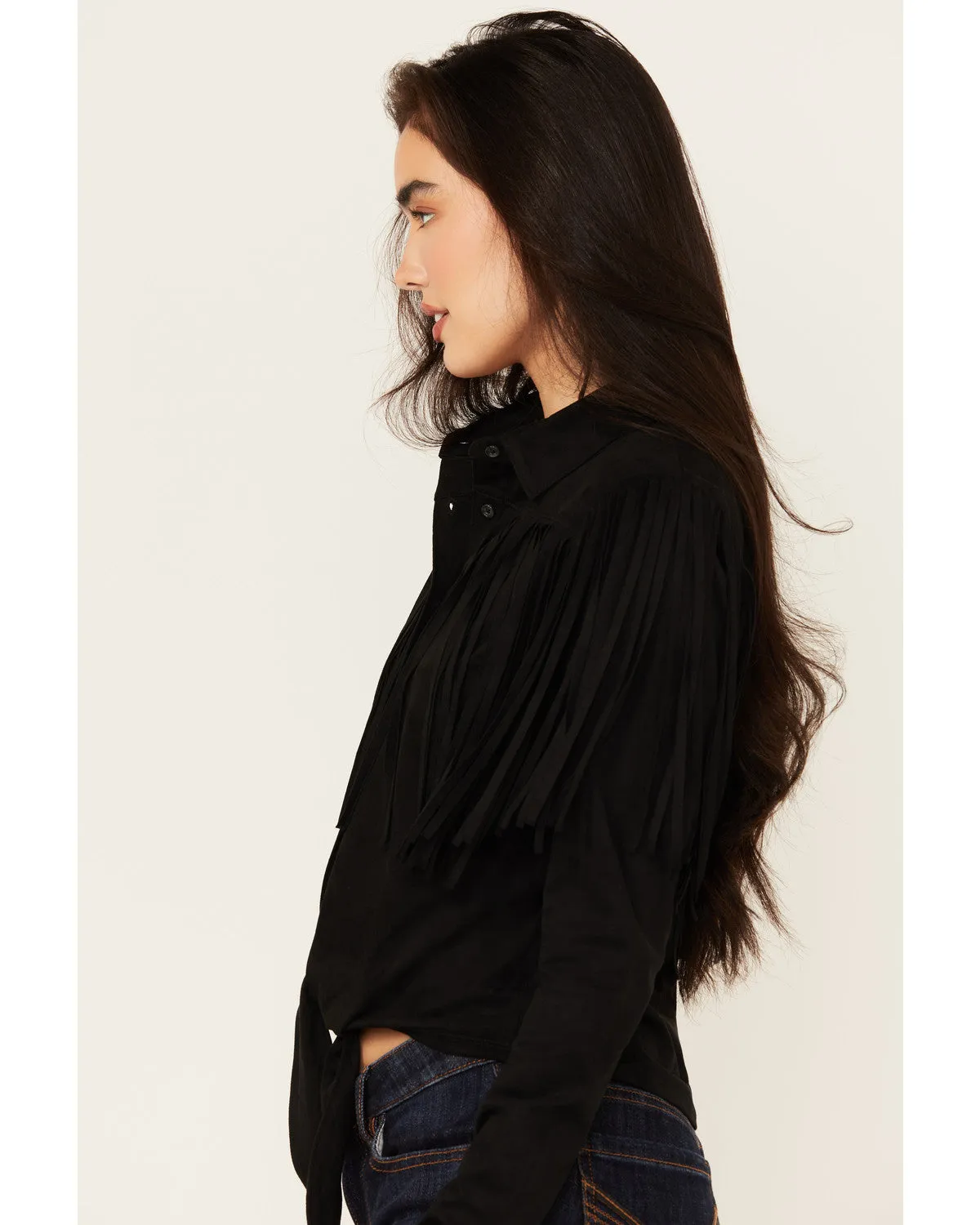 Fate Faux Suede Fringe Long Sleeve Button-Down Tie-Front Shirt sold by Idyllwind product image thumbnail 3