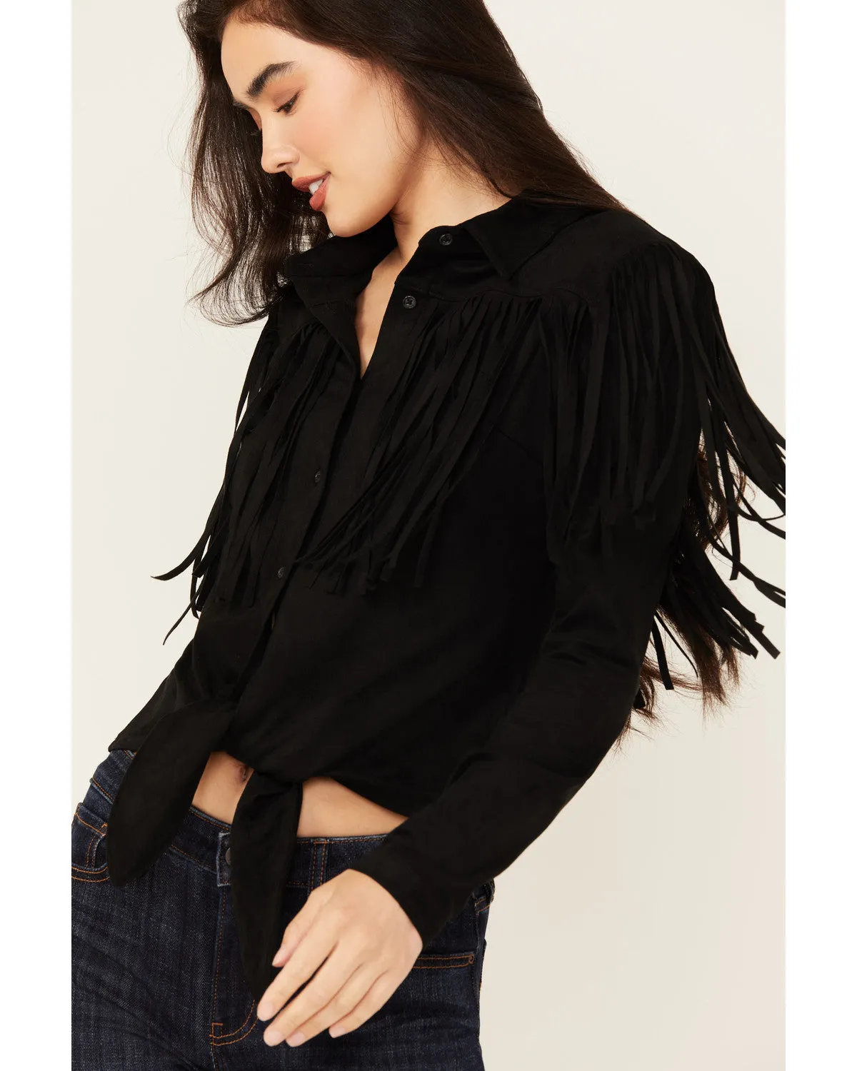 Fate Faux Suede Fringe Long Sleeve Button-Down Tie-Front Shirt sold by Idyllwind product image thumbnail 2