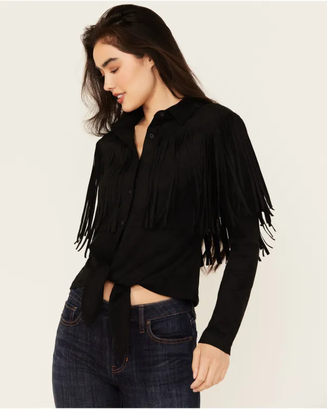 Fate Faux Suede Fringe Long Sleeve Button-Down Tie-Front Shirt made by Idyllwind