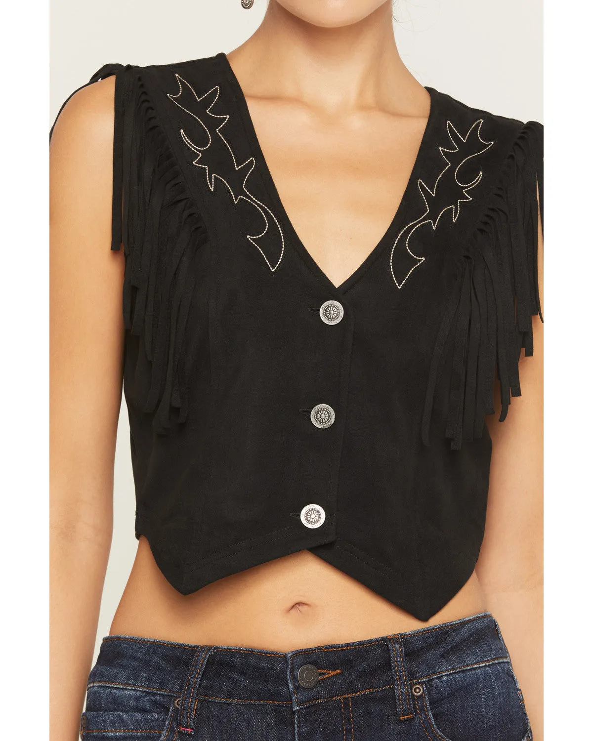 Charlotte Faux Suede Fringe Button-Down Cropped Vest sold by Idyllwind product image thumbnail 5