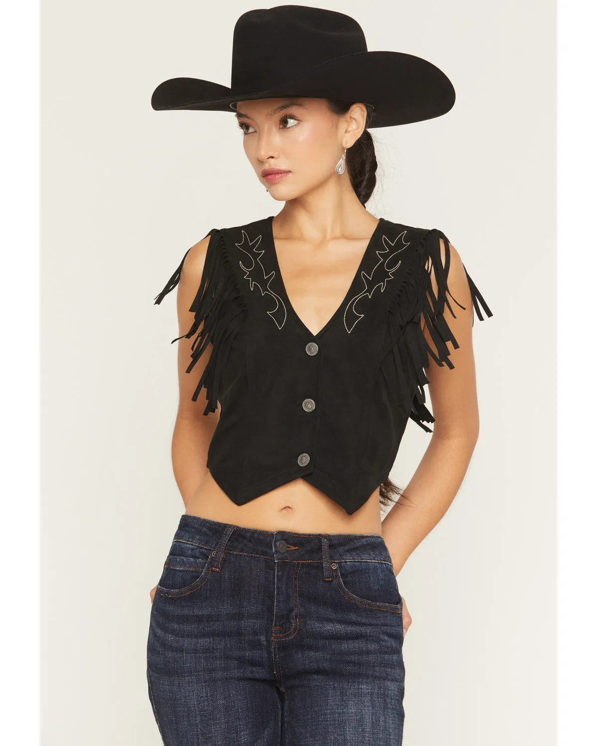 Charlotte Faux Suede Fringe Button-Down Cropped Vest sold by Idyllwind product image thumbnail 2