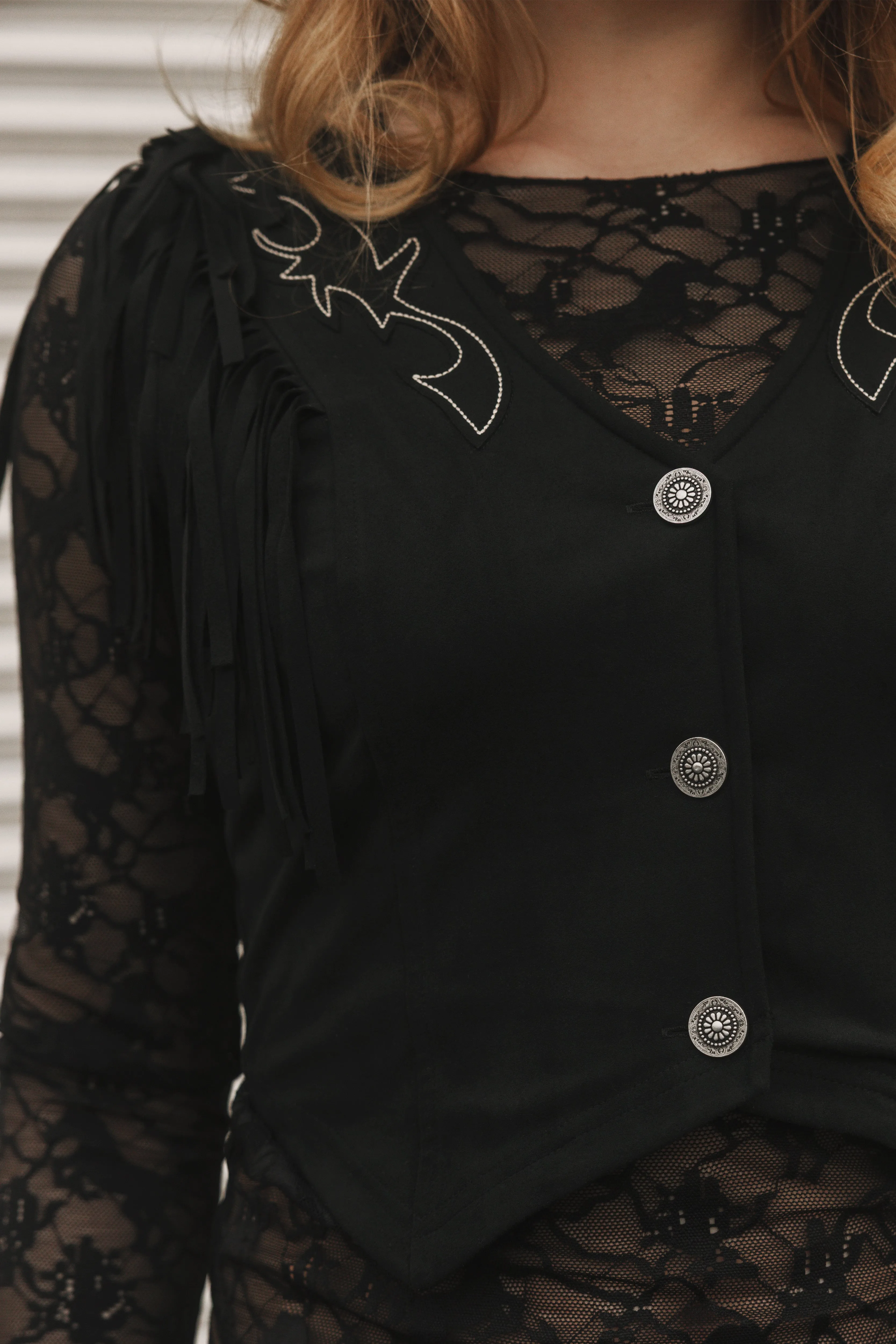 Charlotte Faux Suede Fringe Button-Down Cropped Vest sold by Idyllwind product image thumbnail 3