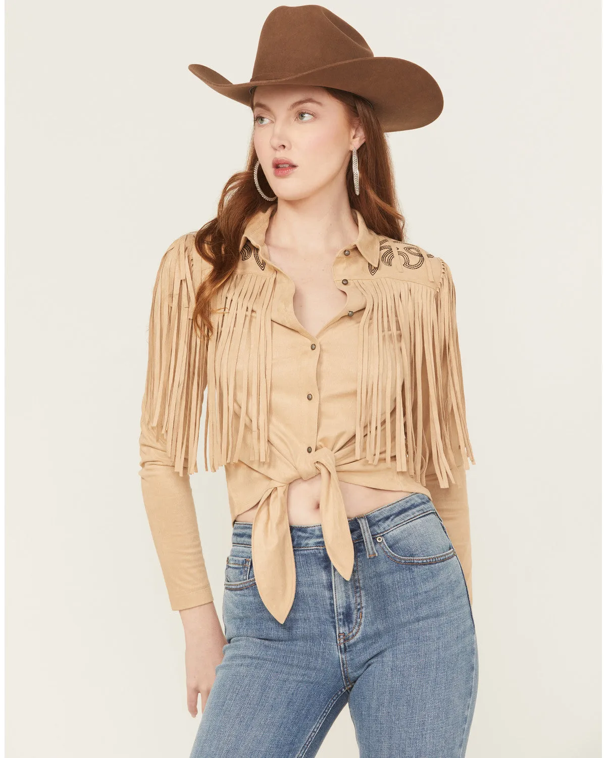 McKinney Faux Suede Long Sleeve Fringe Top sold by Idyllwind