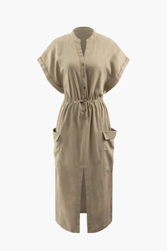 Linen-Blend Patch Pocket Slit Midi Dress sold by Micas