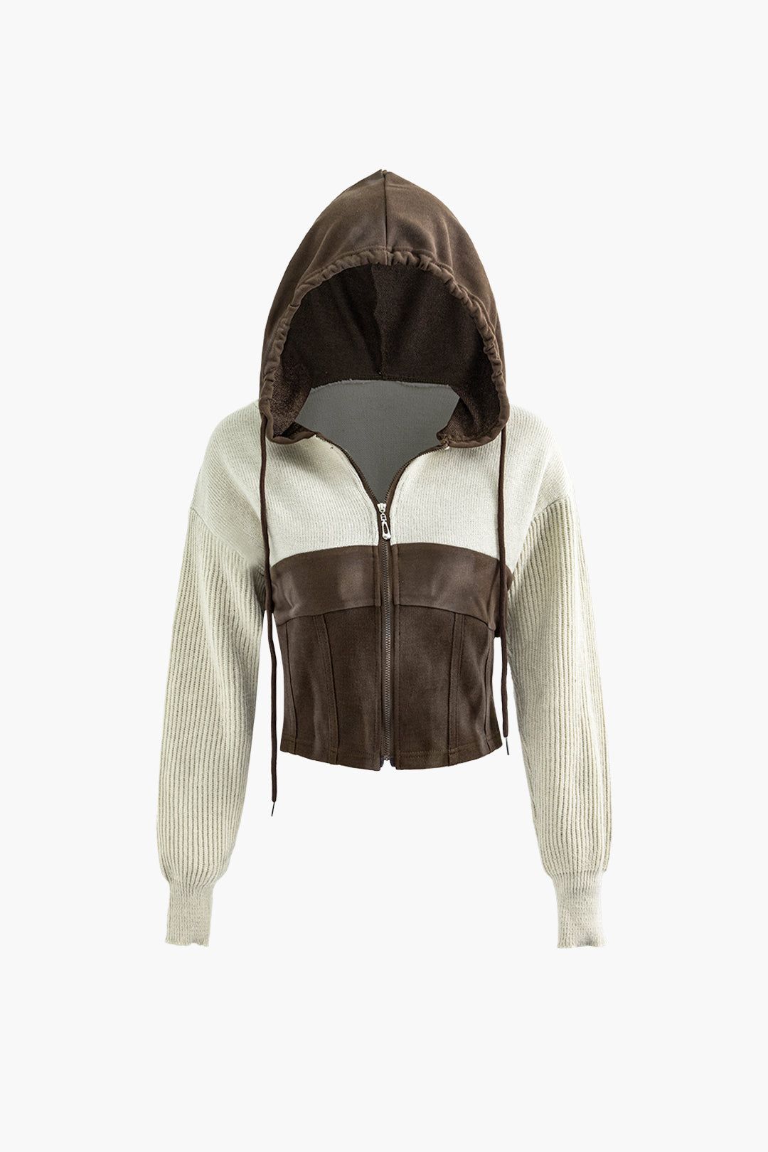 Patchwork Hooded Knit Zipper Cardigan sold by Micas