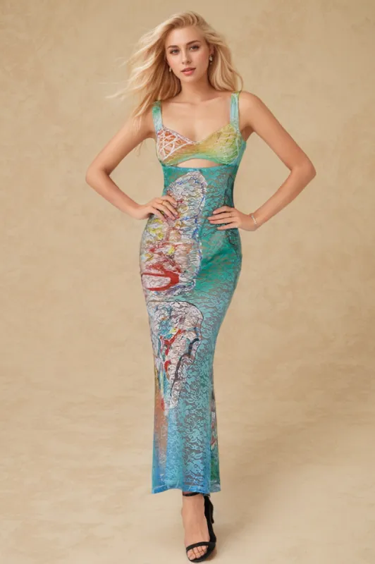 Butterfly Print Cut Out Mesh Strap Maxikjole sold by Micas