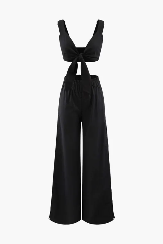 Linen Knot Front Cami Top And Elastic Waist Wide Leg Pants Set sold by Micas