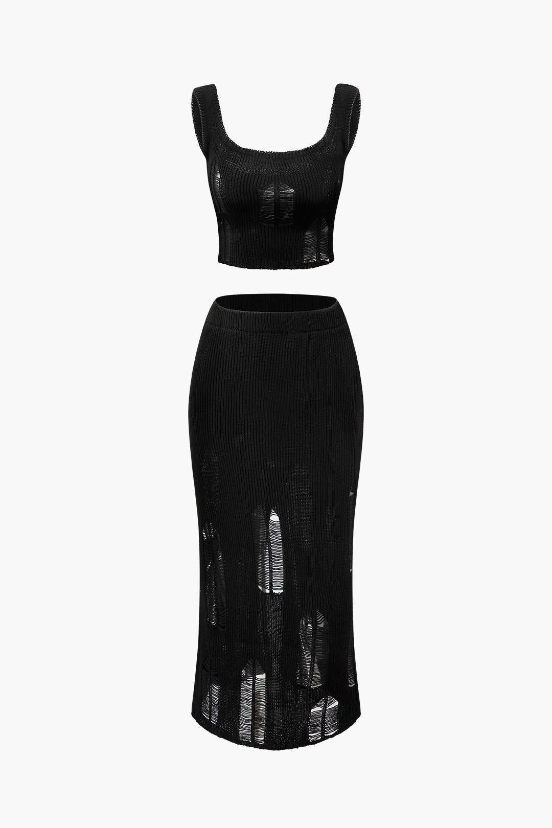 Distressed Laddered Knit Crop Tank Top And Maxi Skirt Set sold by Micas