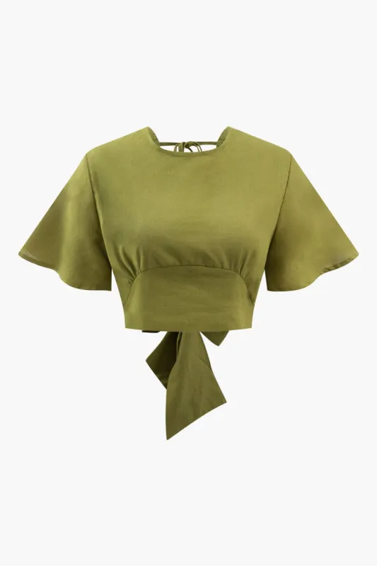 Tie Back Linen Crop Blouse sold by Micas
