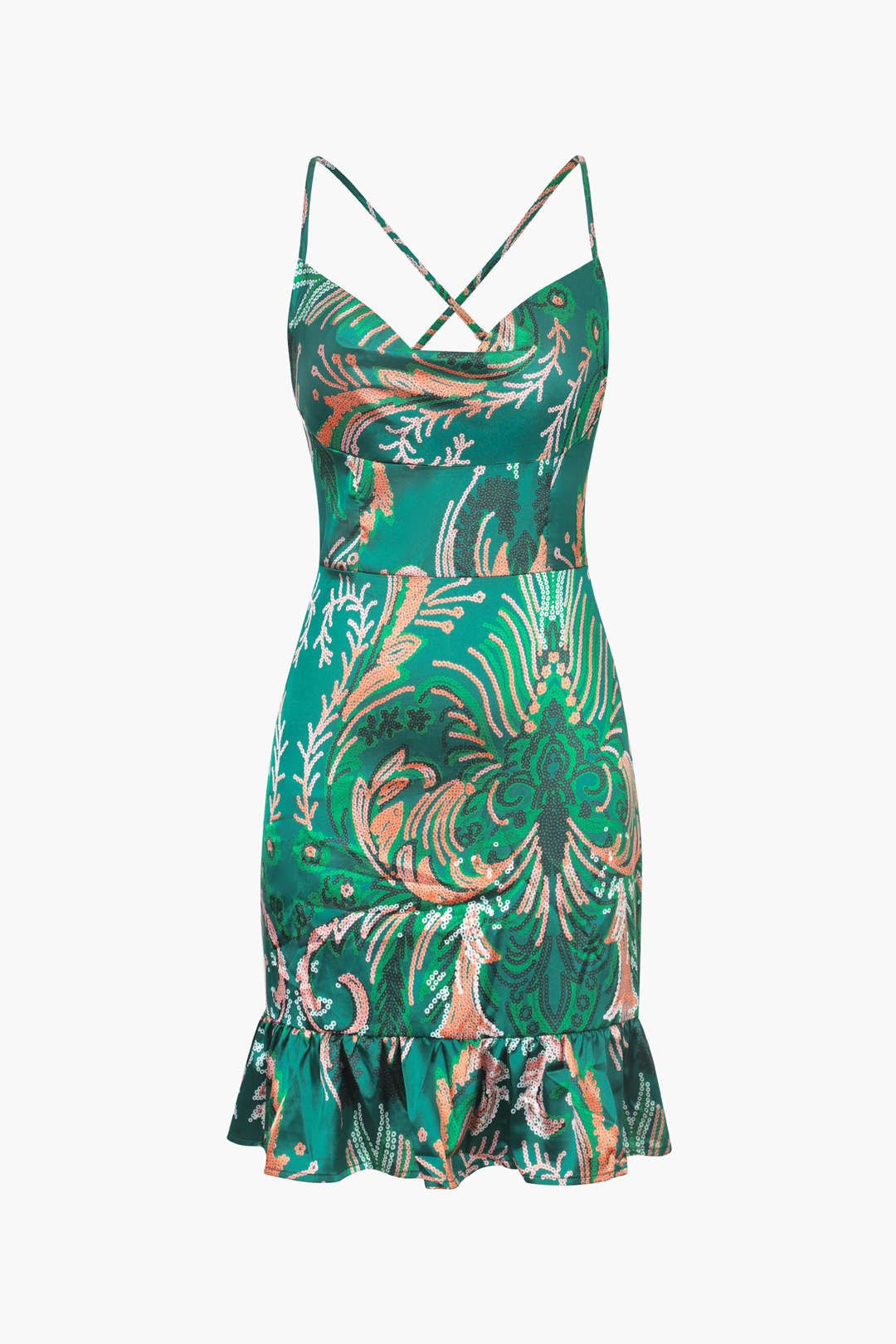 Printed Ruffle Hem Satin Mini Dress sold by Micas