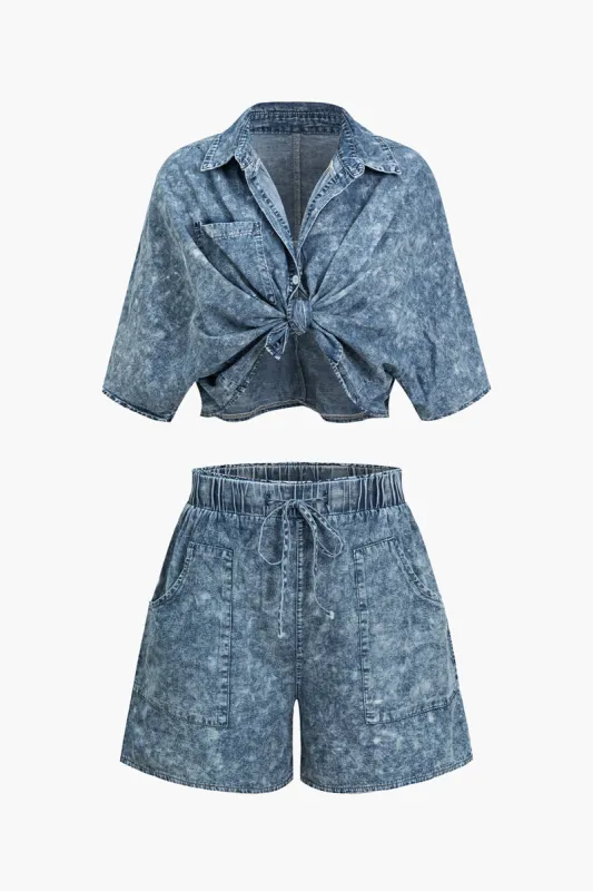 Tie Dye Denim Knot skjorte og shorts sæt sold by Micas