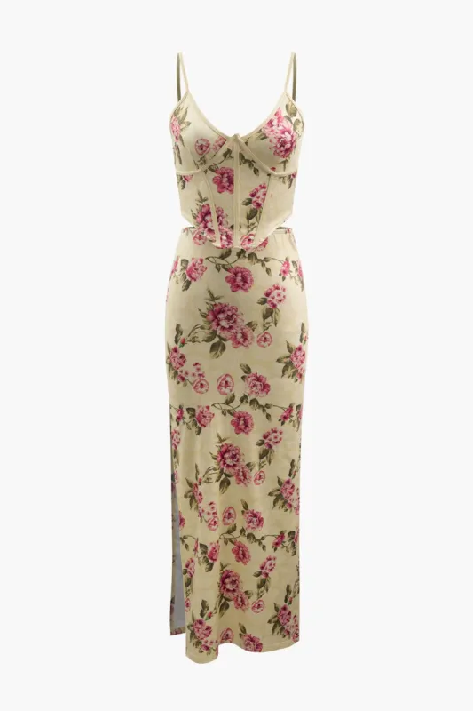 Floral Print Corset Top And Slit Midi Skirt Set sold by Micas