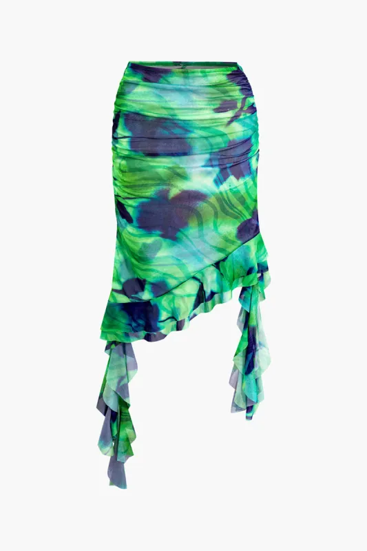 Abstract Print Mesh Ruched Ruffle Midi Skirt sold by Micas