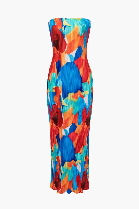 Artistic Print Pleated Strapless Maxi Dress made by Micas