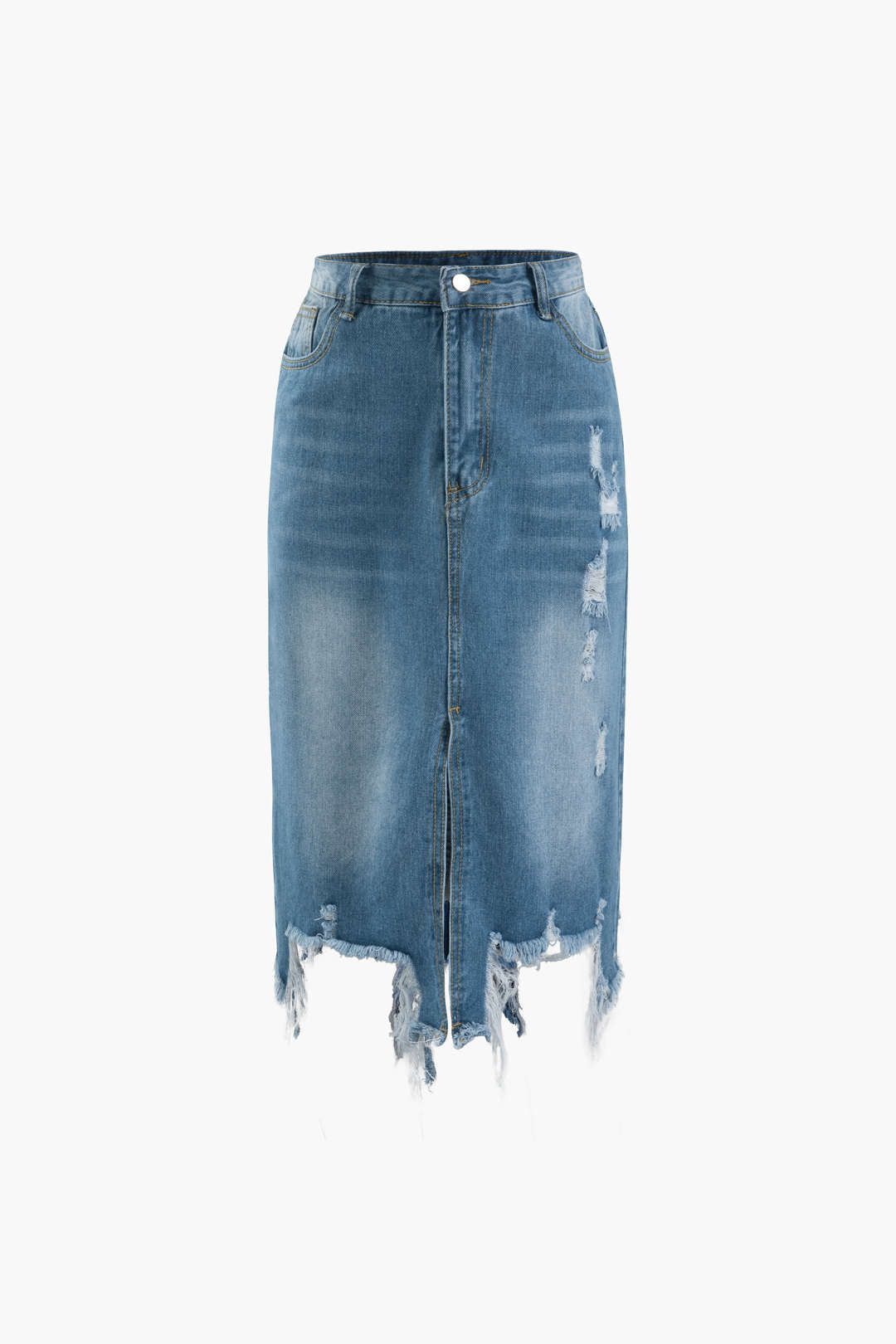 Asymmetric Destroyed Frayed Denim Skirt sold by Micas