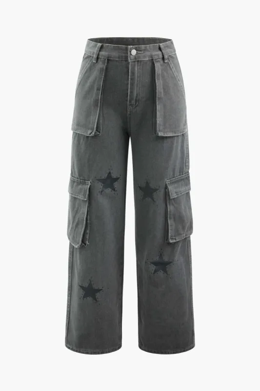 Star Print Wide Leg Cargo Jeans sold by Micas