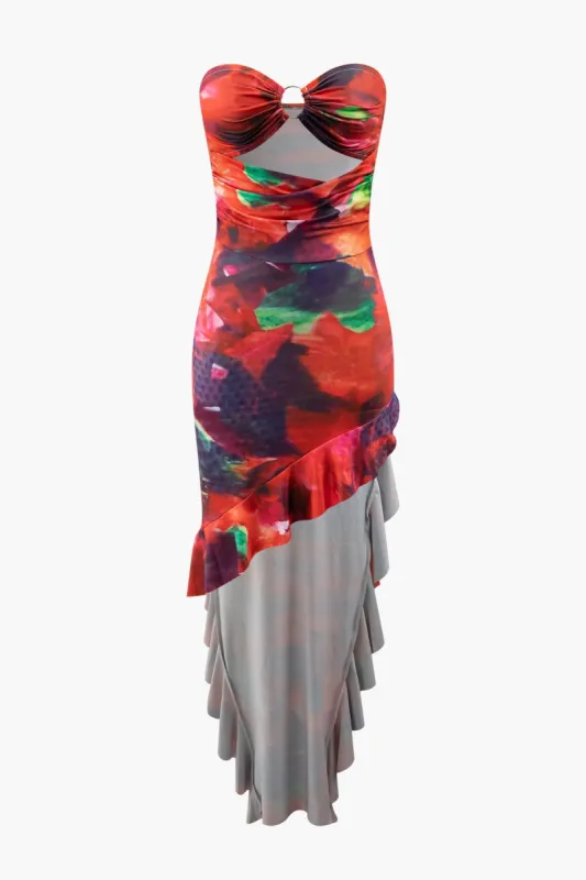 Abstract Print Asymmetric Strapless Dress sold by Micas