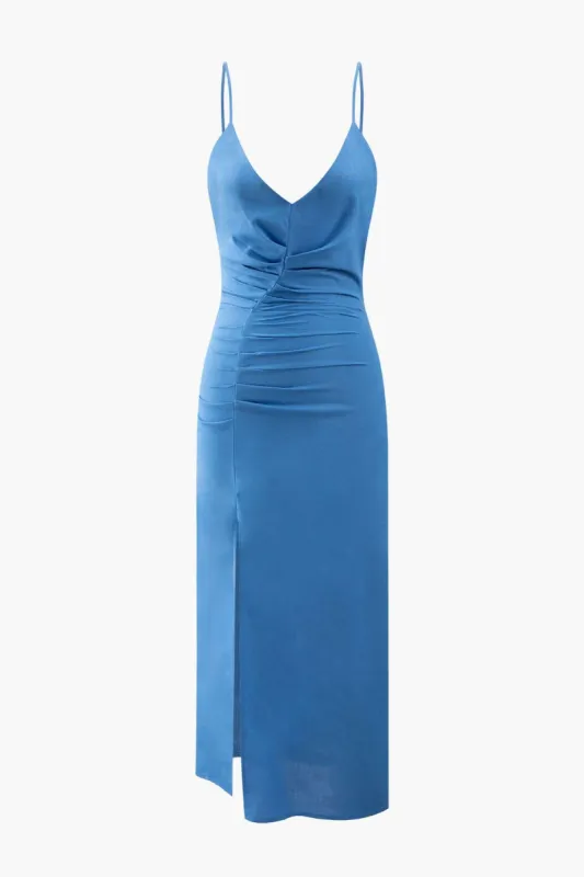 V-neck Linen Pleated Slit Midi Dress sold by Micas