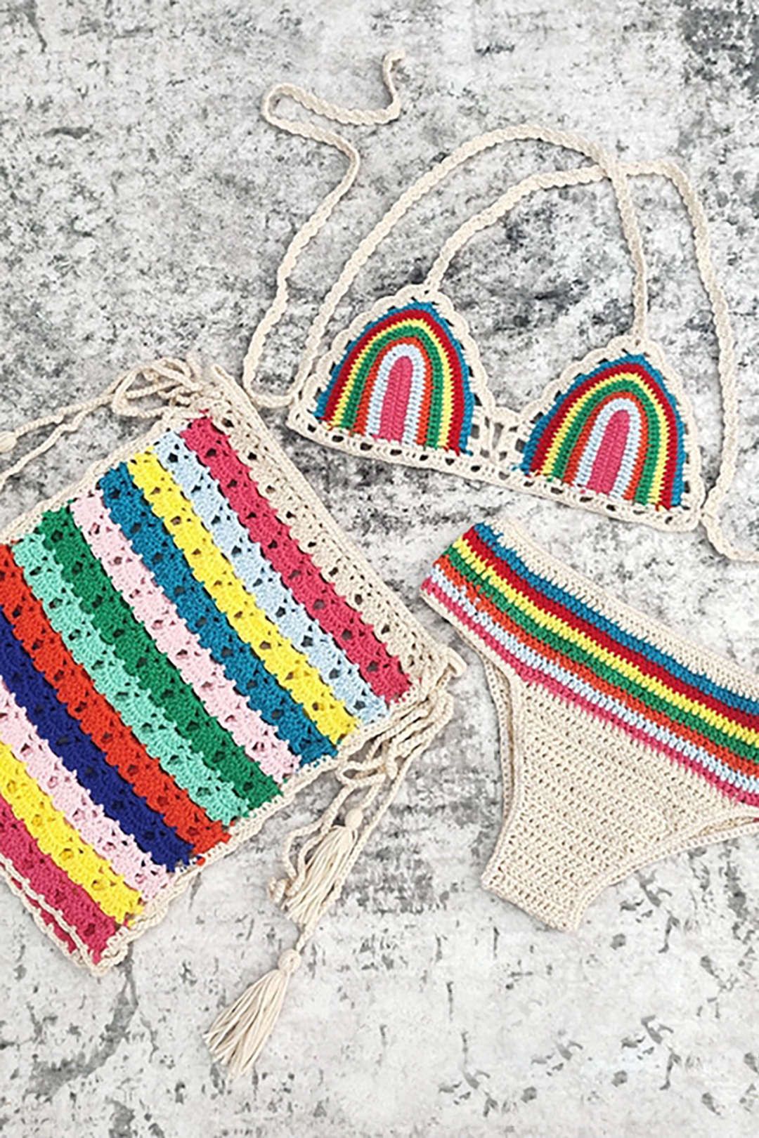 Rainbow Crochet Tie Back Bikini And Mini Skirt 3pcs Set sold by Micas