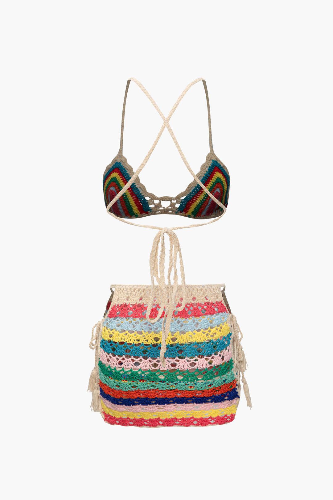 Rainbow Crochet Tie Back Bikini And Mini Skirt 3pcs Set sold by Micas product image thumbnail 4