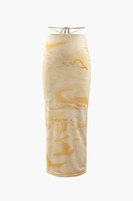 Printed Mesh Tie Waist Slit Skirt sold by Micas