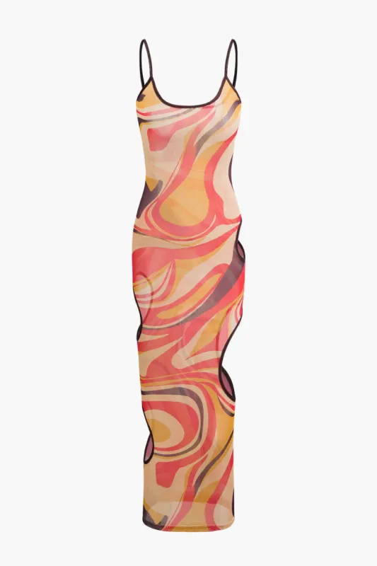 Swirl Print Square Neck Mesh Cut Out Maxi Dress sold by Micas
