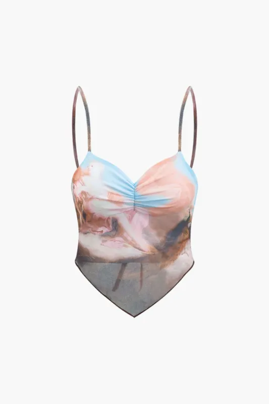 Printed Mesh V-hem Tie Back Cami Top sold by Micas