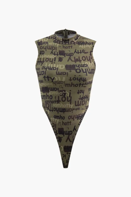 Letter Print Sleeveless Bodysuit made by Micas