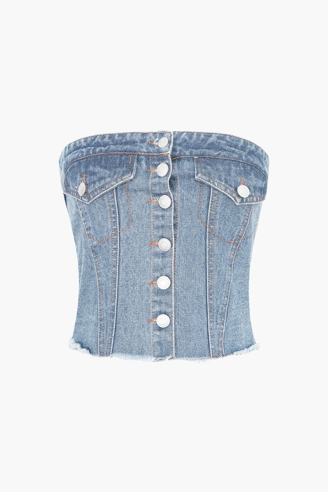 Frayed Hem Denim Strapless Top sold by Micas