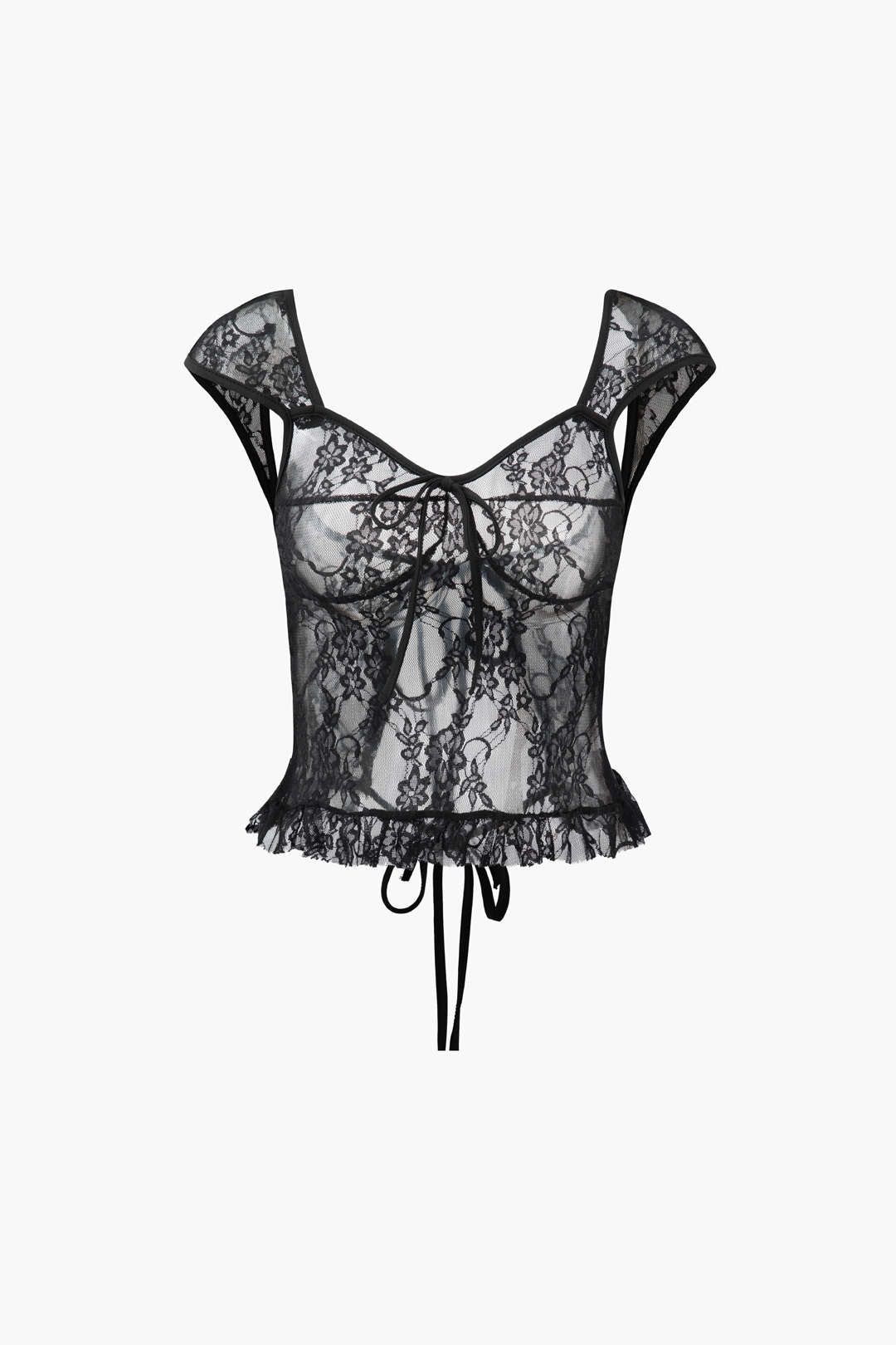 Sheer Lace Tie Back Frill Tank Top sold by Micas