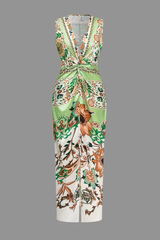 Floral Print Satin Slit Twist Knot Maxi Dress sold by Micas